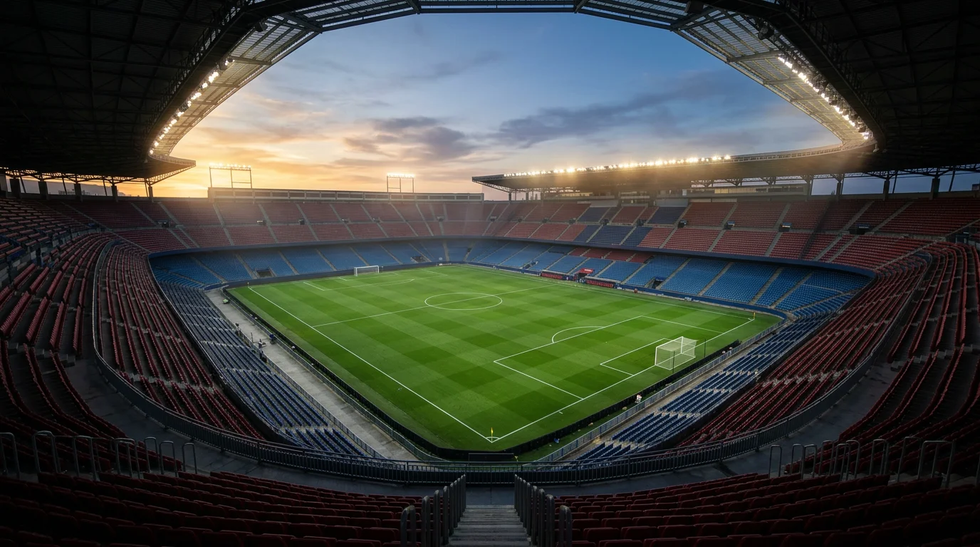 Estadio de LaLiga visto desde la grada con el césped iluminado antes del pitido inicial