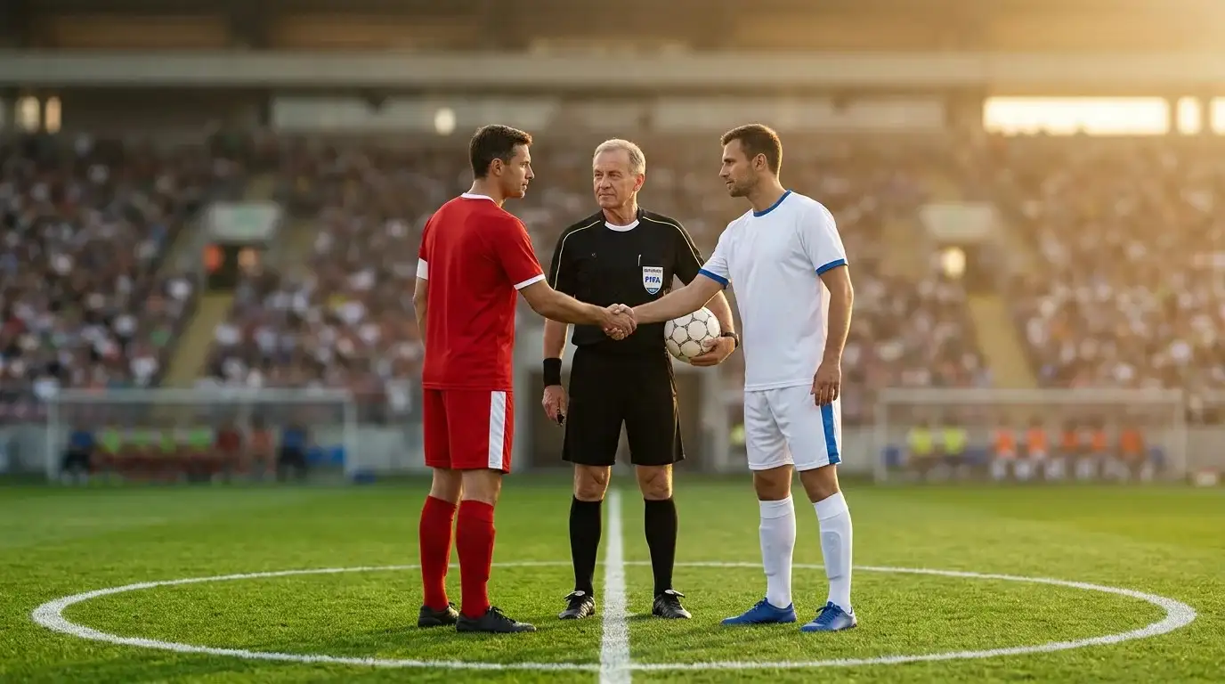 Árbitro de fútbol supervisa el saludo previo al partido sobre el césped del estadio