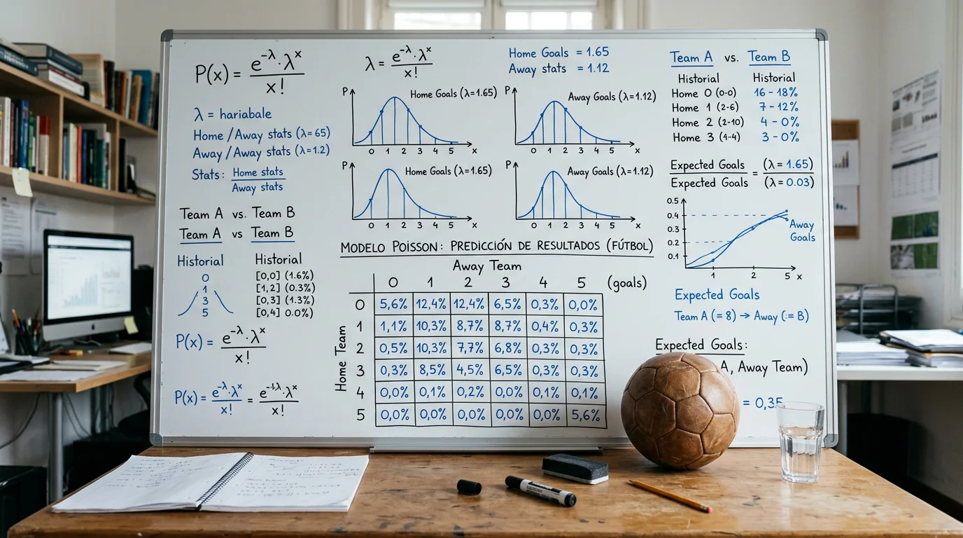 Distribución Poisson aplicada a goles esperados en fútbol con matriz de resultados