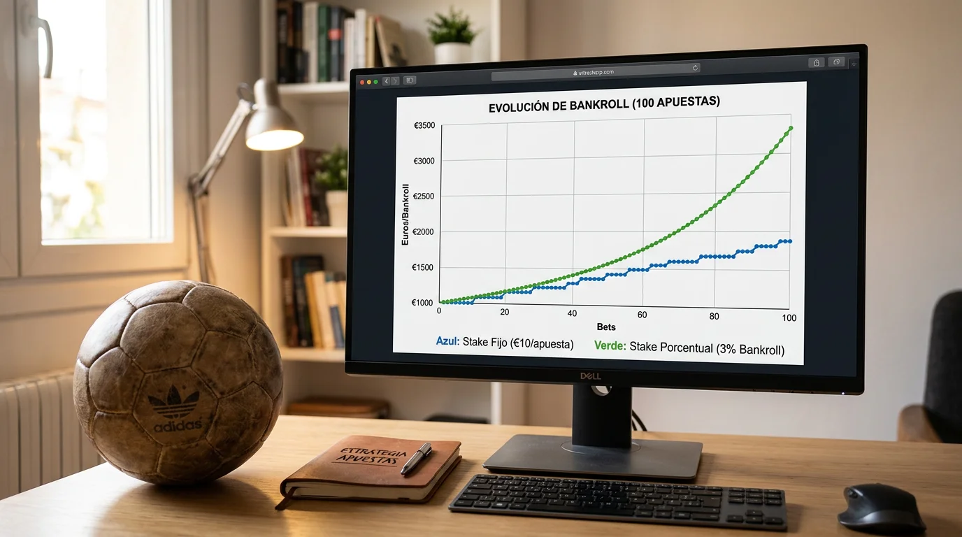 Comparación de evolución de bankroll con stake fijo y porcentual