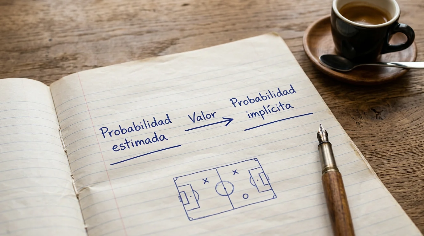Cuaderno con anotaciones de expected value y probabilidad implícita junto a un esquema de partido de fútbol